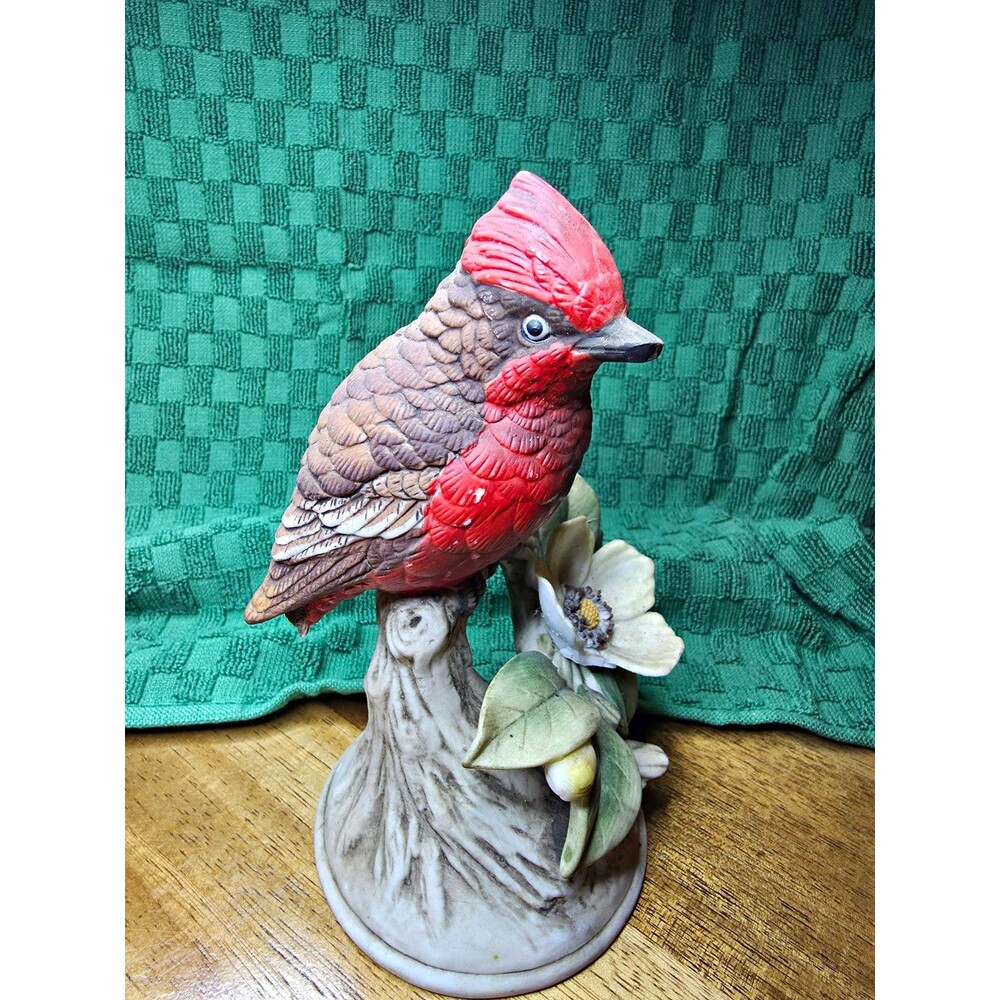 Andrea by Sadek Cardinal Bird Porcelain Figurine on Branch w/ Flower #8627